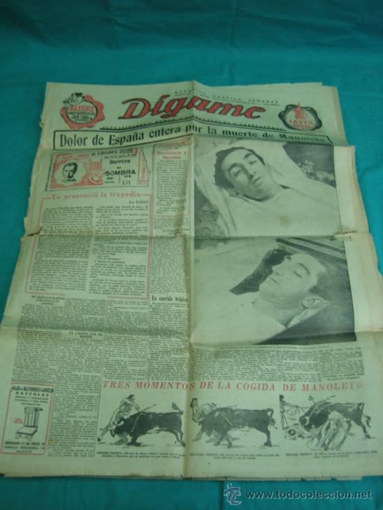 Coleccionismo de Revistas y Peri&oacute;dicos: Diario DIGAME 2 Septiembre 1947 Muerte de Manolete
