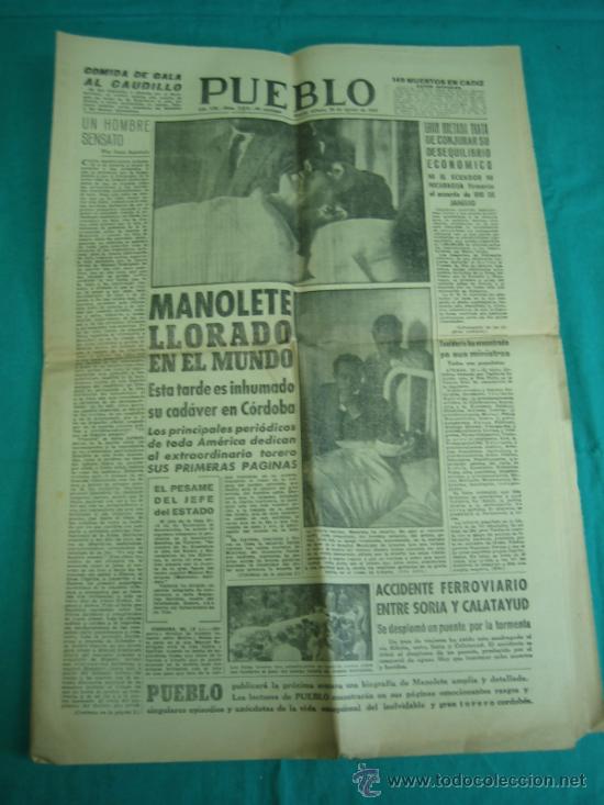 Coleccionismo de Revistas y Peri&oacute;dicos: Periodico PUEBLO Madrid 30 Agosto 1947 Muerte de Manolete