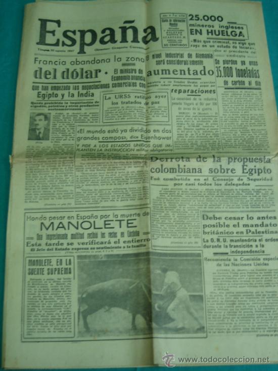 Coleccionismo de Revistas y Peri&oacute;dicos: Diario ESPA&Ntilde;A  30 Agosto 1947 Muerte de Manolete