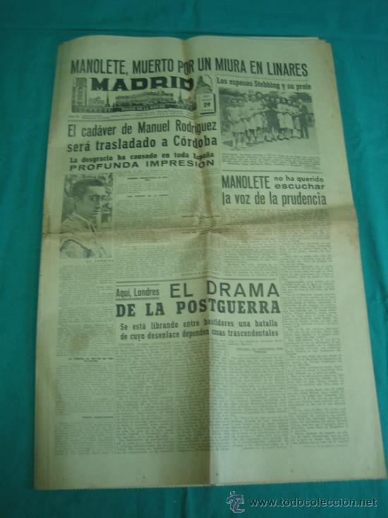 Coleccionismo de Revistas y Peri&oacute;dicos: Diario de la noche MADRID  29 Agosto 1947 Muerte de Manolete