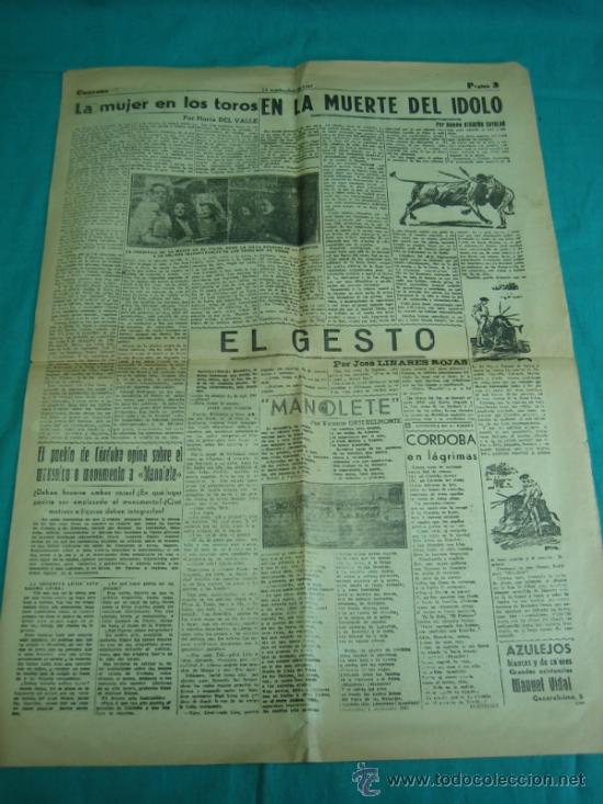 Coleccionismo de Revistas y Peri&oacute;dicos: Rese&ntilde;a taurina de periodico  Muerte de Manolete