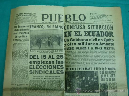 Coleccionismo de Revistas y Peri&oacute;dicos: Periodico PUEBLO Madrid 4 Septiembre 1947  Muerte de Manolete