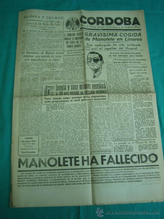 Coleccionismo de Revistas y Peri&oacute;dicos: CORDOBA Diario de Falange 29 Agosto 1947  Muerte de Manolete