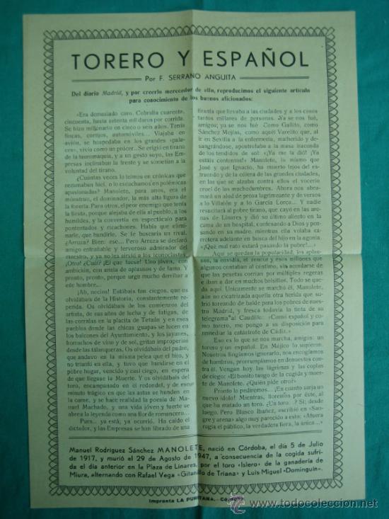 Coleccionismo de Revistas y Peri&oacute;dicos: Torero y Espa&ntilde;ol a Manolete por F. Serrano Anguita