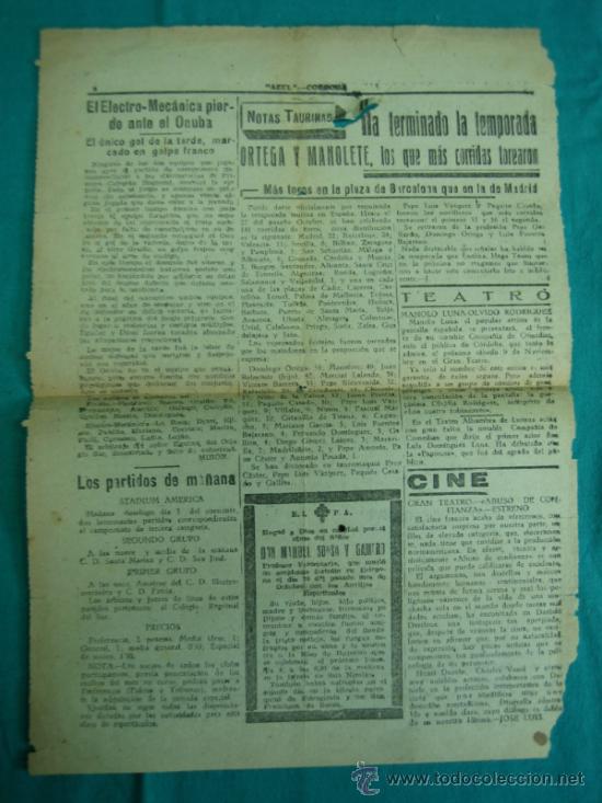 Coleccionismo de Revistas y Peri&oacute;dicos: Rese&ntilde;a taurina de periodico  Azul Cordoba Manolete