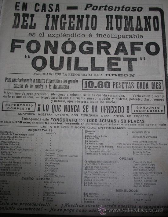 Collezionismo di Riviste e Giornali: Publicidad Antigua. Fon&oacute;grafo Quillet