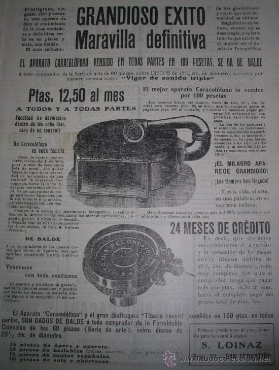 Coleccionismo de revistas y peri&oacute;dicos: Original Publicidad a&ntilde;os 20. Caracol&oacute;fono. San Sebastian