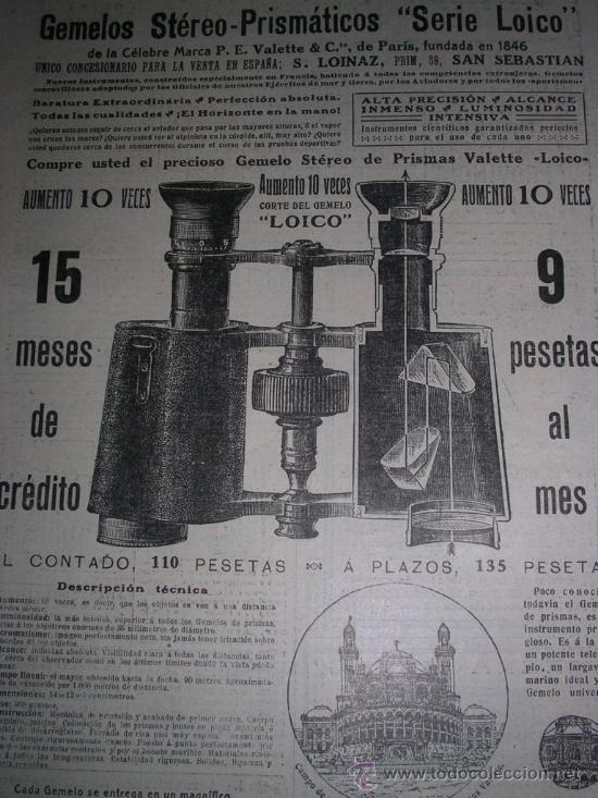 Coleccionismo de revistas y peri&oacute;dicos: Original Publicidad a&ntilde;os 20. Gemelos, Prism&aacute;ticos Loico. San Sebastian, S. Loinaz