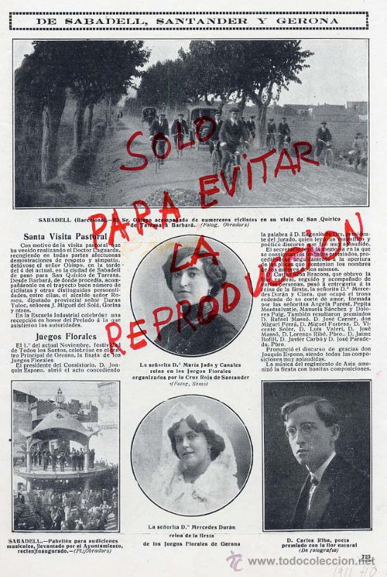 Coleccionismo de revistas y peri&oacute;dicos: SABADELL-SANTANDER-GERONA 1911 CICLISMO HOJA REVISTA