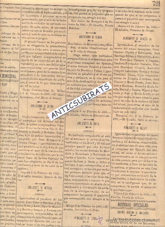 Coleccionismo de revistas y peri&oacute;dicos: BOLETIN VIZCAYA A&Ntilde;O 1891 QUINTAS DE BEGO&Ntilde;A MUSQUES PLENCIA MORGA GATICA MUNGUIA VILLARO