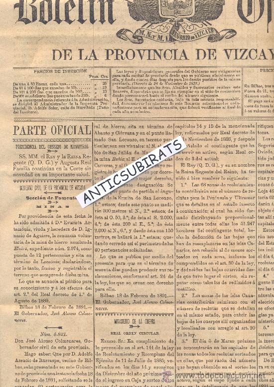 Collection Magazines and Newspapers: BOLETIN VIZCAYA 1891 VIDRIOS LA FE LEMONIZ ABANTO CIERVANA BASAURI ARCENTALES ALMODOVAR DEL CAMPO