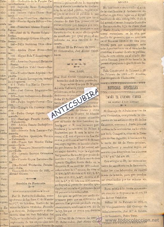 Coleccionismo de revistas y peri&oacute;dicos: BOLETIN VIZCAYA A&Ntilde;O 1891 FERROCARRIL ECONOMICO DE BILBAO A LAS ARENAS.ABANTO Y CIERVANA LAS CARRERAS
