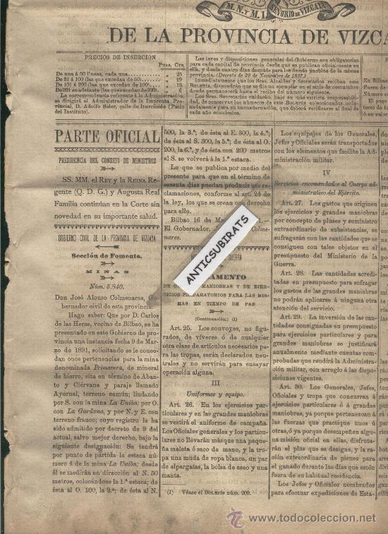 Coleccionismo de revistas y peri&oacute;dicos: BOLETIN VIZCAYA A&Ntilde;O 1891 MINA DE HIERRO PRIMAVERA ABANTO Y CIERVANA AYORNAL