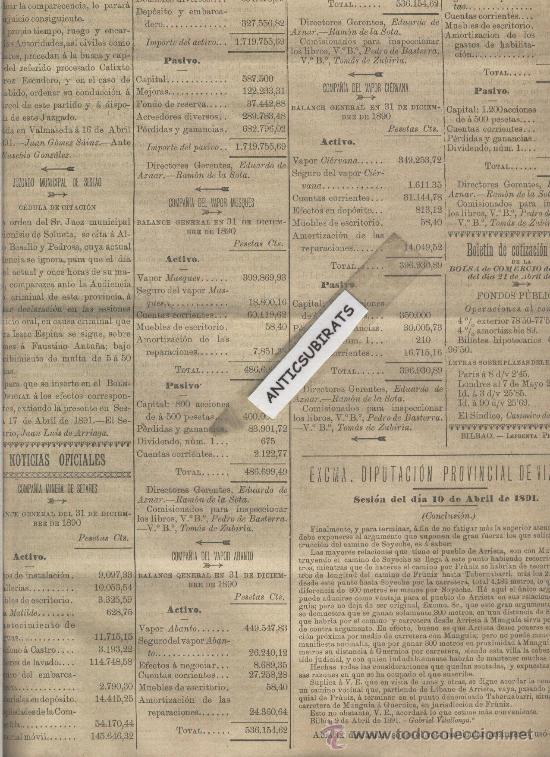Coleccionismo de revistas y peri&oacute;dicos: BOLETIN VIZCAYA A&Ntilde;O 1891 COMPA&Ntilde;IA MINERA DE SETARES VAPOR MUSQUES VAPOR ABANTO CIERVANA SESTAO