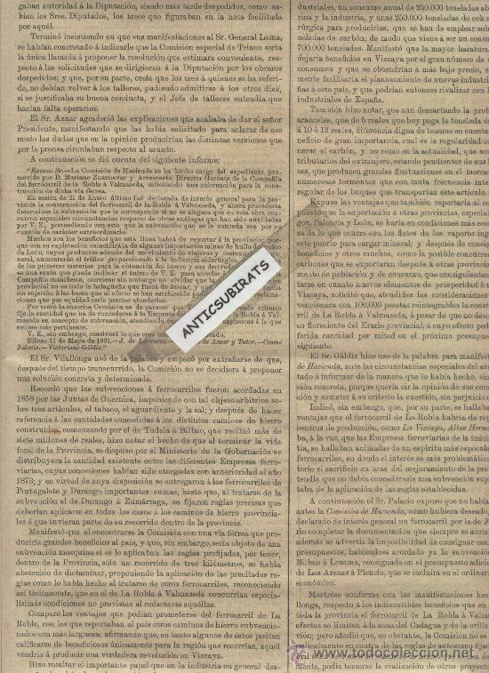 Coleccionismo de revistas y peri&oacute;dicos: BOLETIN VIZCAYA 1891 SUBVENCION CONSTRUCCION DEL FERROCARRIL DE ROBLA A VALMASEDA ZUAZNAVAR