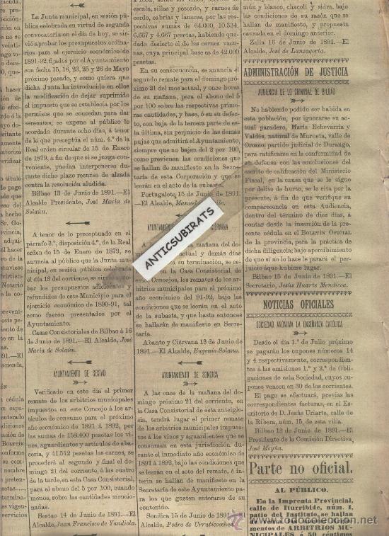Coleccionismo de revistas y peri&oacute;dicos: BOLETIN DE VIZCAYA A&Ntilde;O 1891 AYUNTAMIENTO DE SONDICA ABANTO Y CIERVANA SESTAO ZALLA PORTUGALETE