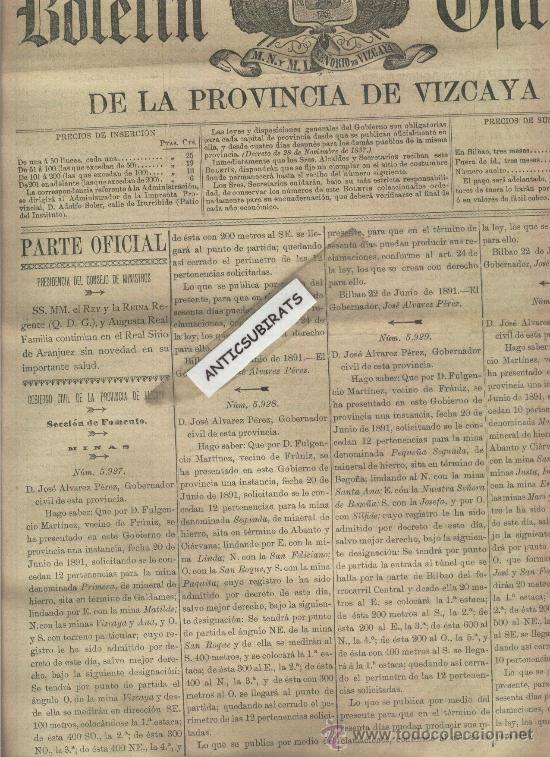 Coleccionismo de revistas y peri&oacute;dicos: BOLETIN DE VIZCAYA A&Ntilde;O 1891 MINAS DE HIERRO GALDAMES ABANTO Y CIERVANA FULGENCIO MARTINEZ FRUNIZ