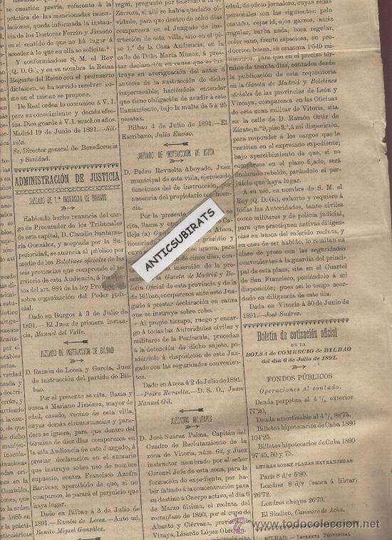 Coleccionismo de revistas y peri&oacute;dicos: BOLETIN DE VIZCAYA A&Ntilde;O 1891 ATECA YURRE ABANTO MUSQUES ZARATAMO MINAS DE HIERRO