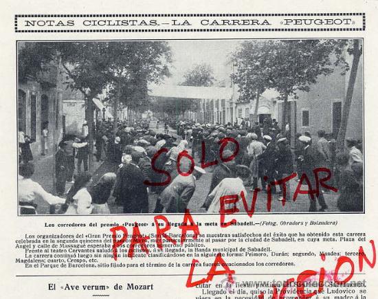 Coleccionismo de Revistas y Peri&oacute;dicos: SABADELL 1911 CARRERA CICLISTA PEUGEOT SARRIA-BARCELONA RETAL HOJA REVISTA