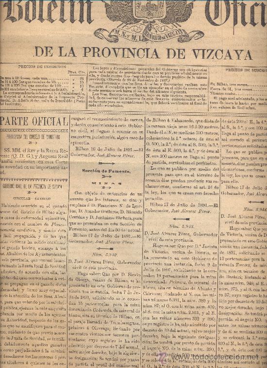Coleccionismo de revistas y peri&oacute;dicos: BOLETIN DE VIZCAYA A&Ntilde;O 1891 MINAS DE HIERRO EN ABANTO Y CIERVANA SAN MIGUEL DE BASAURI BILBAO