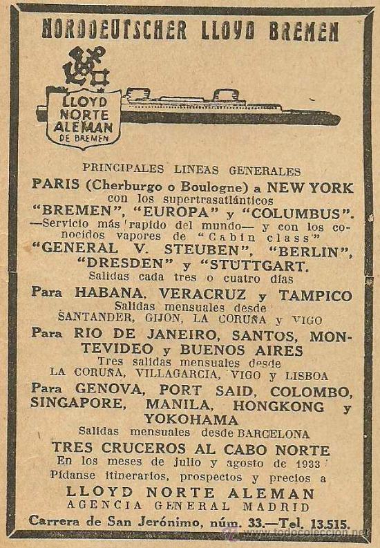 Collection Magazines and Newspapers: Publicidad l&iacute;neas de navegaci&oacute;n Noorddeutscher Lloyd Bremen - 1933