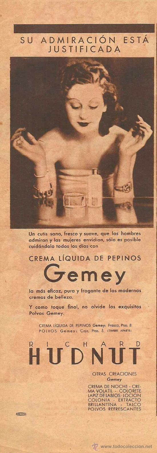 Coleccionismo de revistas y peri&oacute;dicos: Publicidad crema l&iacute;quida de pepinos Gemey de Richard Hudnut - 1935