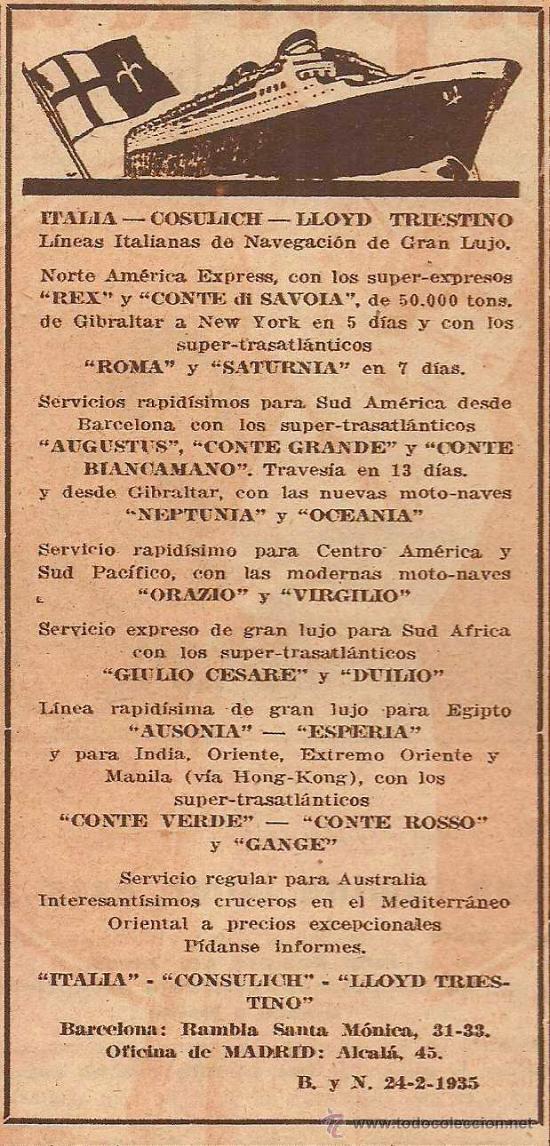 Collection Magazines and Newspapers: Publicidad l&iacute;neas de navegaci&oacute;n Italia Cosulich Lloyd Triestino - 1935