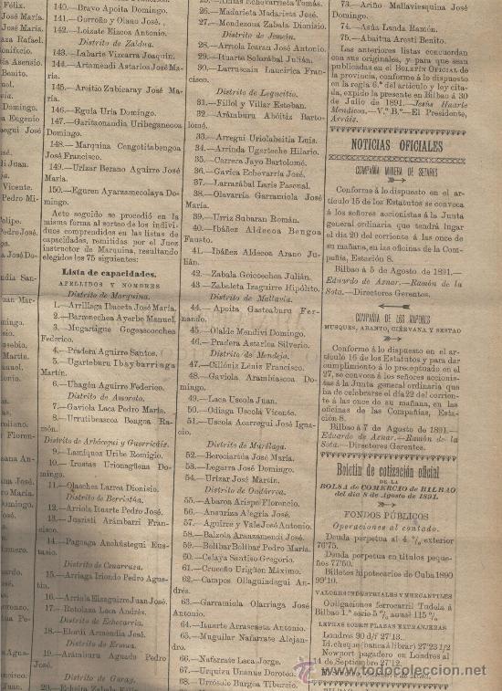 Coleccionismo de revistas y peri&oacute;dicos: BOLETIN DE VIZCAYA A&Ntilde;O 1891 COMPA&Ntilde;IA MINERA DE SETARES DE VAPORES MUSQUES ABANTO CIERVANA SESTAO