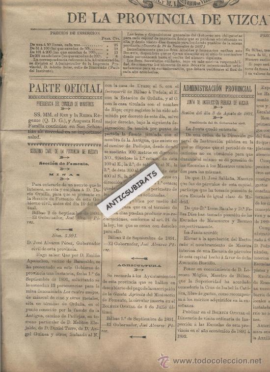 Collezionismo di Riviste e Giornali: BOLETIN DE VIZCAYA A&Ntilde;O 1891 PETICION DE EXPLOTACION DE UNA MINA DE HIERRO EN ORDU&Ntilde;A  LOS CUATRO AMIG