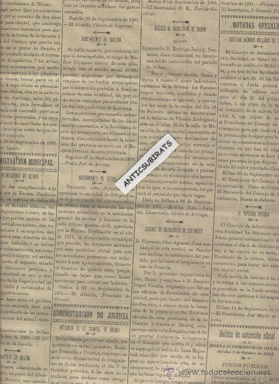 Coleccionismo de revistas y peri&oacute;dicos: BOLETIN DE VIZCAYA A&Ntilde;O 1891 G&Uuml;E&Ntilde;ES BEGO&Ntilde;A RIGOITIA GATICA PAPELERA VIZCAINA HULLERAS DEL TURON
