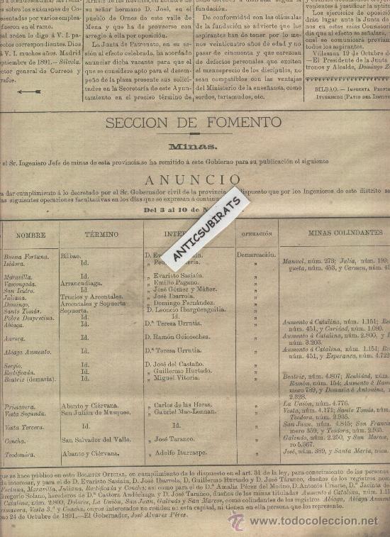 Colecionismo de Revistas e Jornais: BOLETIN DE VIZCAYA A&Ntilde;O 1891 MINAS DE HIERRO DE ARRANCUDIA TRUCIOS Y ARCENTALES SOPUERTA ABANTO MENA