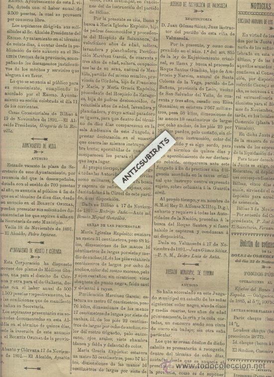 Coleccionismo de revistas y peri&oacute;dicos: BOLETIN DE VIZCAYA A&Ntilde;O 1891 AYUNTAMIENTO DE VEDIA ABANTOY CIERVANA LEMONA VALMASEDA