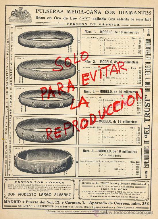 Coleccionismo de revistas y peri&oacute;dicos: EL TRUST JOYERO 1913 MADRID PULSERAS MEDIA CA&Ntilde;A ORO Y DIAMANTES HOJA REVISTA