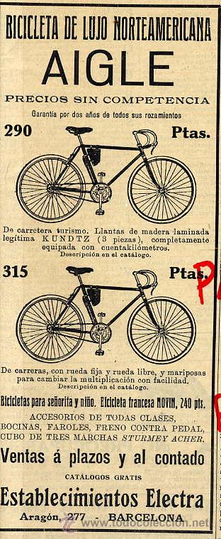 Coleccionismo de revistas y peri&oacute;dicos: CICLISMO 1925 BICICLETAS AIGLE  BARCELONA RETAL HOJA REVISTA