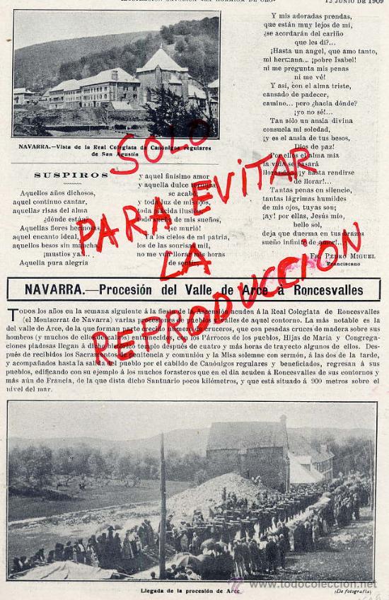 Coleccionismo de Revistas y Peri&oacute;dicos: NAVARRA 1909 PROCESION VALLE DE ARCE A RONCESVALLES-COLEGIATA SAN AGUSTIN HOJA REVISTA