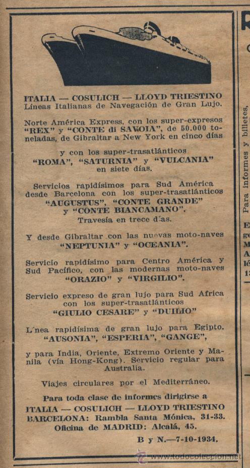 Collection Magazines and Newspapers: Publicidad l&iacute;neas de navegaci&oacute;n Lloyd Triestino  -1934