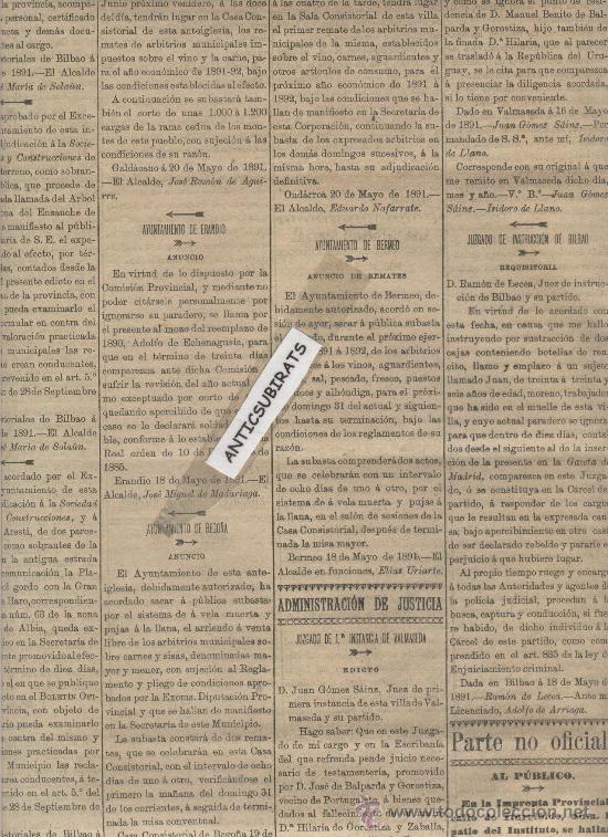 Coleccionismo de revistas y peri&oacute;dicos: BOLETIN DE VIZCAYA A&Ntilde;O 1891 ERANDIO GALDACANO BEGO&Ntilde;A ONDARROA BERMEO VALMASEDA
