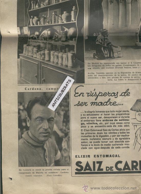 Coleccionismo de revistas y peri&oacute;dicos: RECORTE DE PRENSA. A&Ntilde;O 1935 CICLISMO EN VALENCIA CICLISMO CARDONA GANA VELOCISTA BICILETAS
