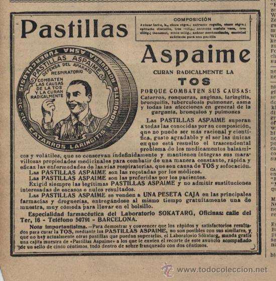 Coleccionismo de revistas y peri&oacute;dicos: Publicidad farmacia: pastillas Aspaime contra la tos - 1933