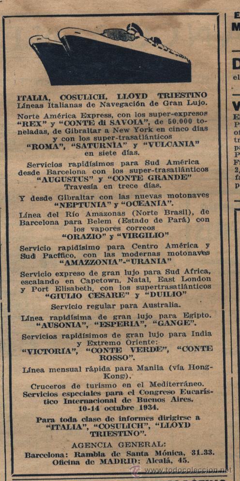 Collection Magazines and Newspapers: Publicidad l&iacute;neas de navegaci&oacute;n Italia, Cosulich Lloyd Triestino - 1934