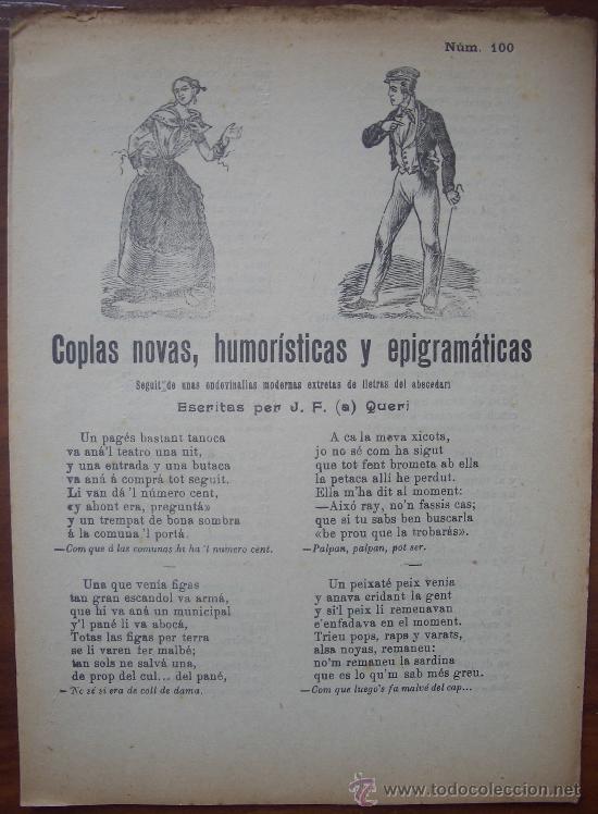 Coleccionismo de revistas y peri&oacute;dicos: Pliego de cordel. Ca. 1860. Coplas novas, humor&iacute;sticas y epigram&aacute;ticas. En catal&aacute;n.