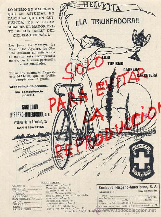 Coleccionismo de revistas y peri&oacute;dicos: CICLISMO 1925 BICICLETAS HELVETIA SAN SEBASTIAN HOJA REVISTA