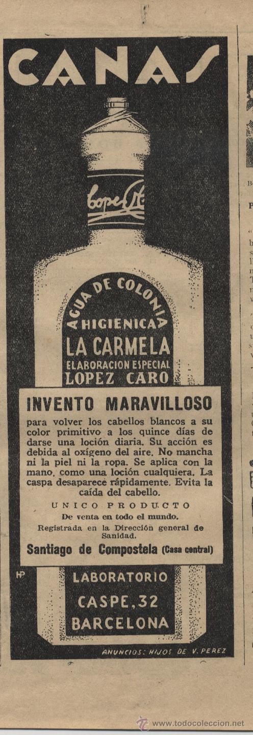 Coleccionismo de revistas y peri&oacute;dicos: Publicidad agua de colonia higi&eacute;nica La Carmela - 1933