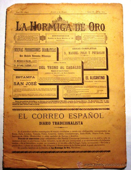 Coleccionismo de revistas y peri&oacute;dicos: REVISTA LA HORMIGA DE ORO - LUNES 7 DE MARZO 1892 - N&ordm; 210 -