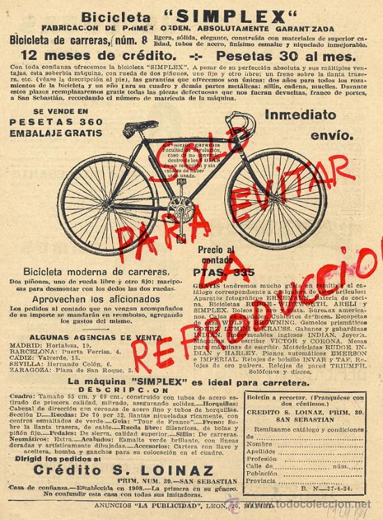 Coleccionismo de revistas y peri&oacute;dicos: CICLISMO 1924 BICICLETA SIMPLEX SAN SEBASTIAN HO0JA REVISTA