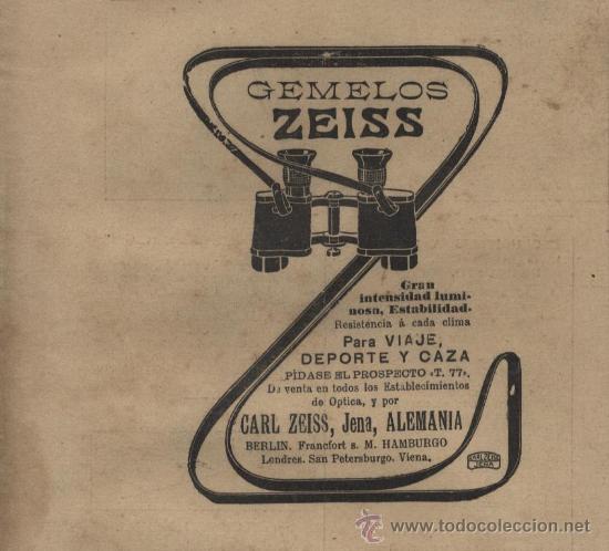 Coleccionismo de revistas y peri&oacute;dicos: Publicidad &oacute;ptica: gemelos Zeiss - 1910