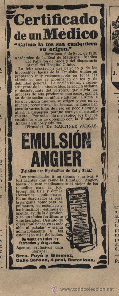 Coleccionismo de Revistas y Peri&oacute;dicos: Publicidad farmacia. Emulsi&oacute;n Angier - 1910
