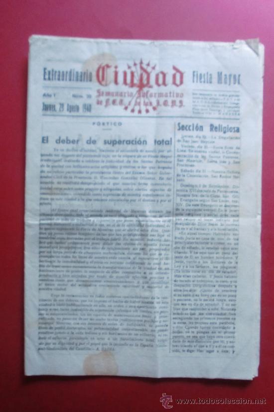Collection Magazines and Newspapers: CIUDAD SEMANARIO INFORMATIVO MANRESA 29/09/1940 N&ordm; EXTRAORDINARIO FIESTA MAYOR