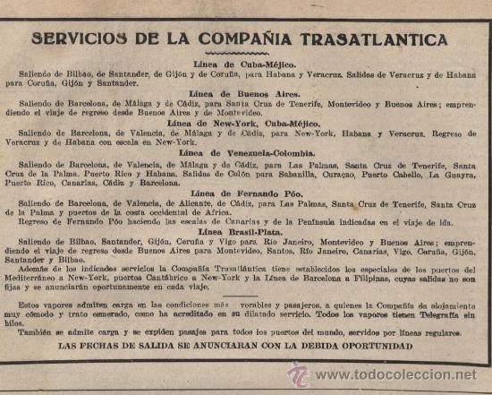 Collection Magazines and Newspapers: Publicidad l&iacute;neas de navegaci&oacute;n: Servicios de la Compa&ntilde;&iacute;a Trasatl&aacute;ntica - 1921