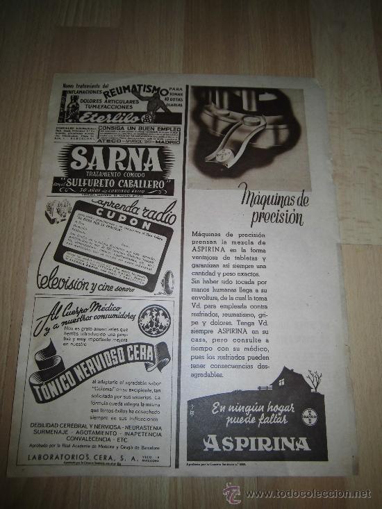 Coleccionismo de Revistas y Peri&oacute;dicos: PUBLICIDAD ASPIRINA BAYER /TONICO NERVIOSO CERA HOJA REVISTA SEMANA 1943